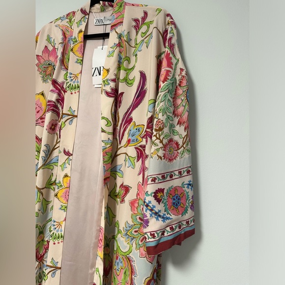 NWT ZARA Floral Printed Long Kimono Belted Beach Boho Style Pink Size XS - Picture 6 of 16